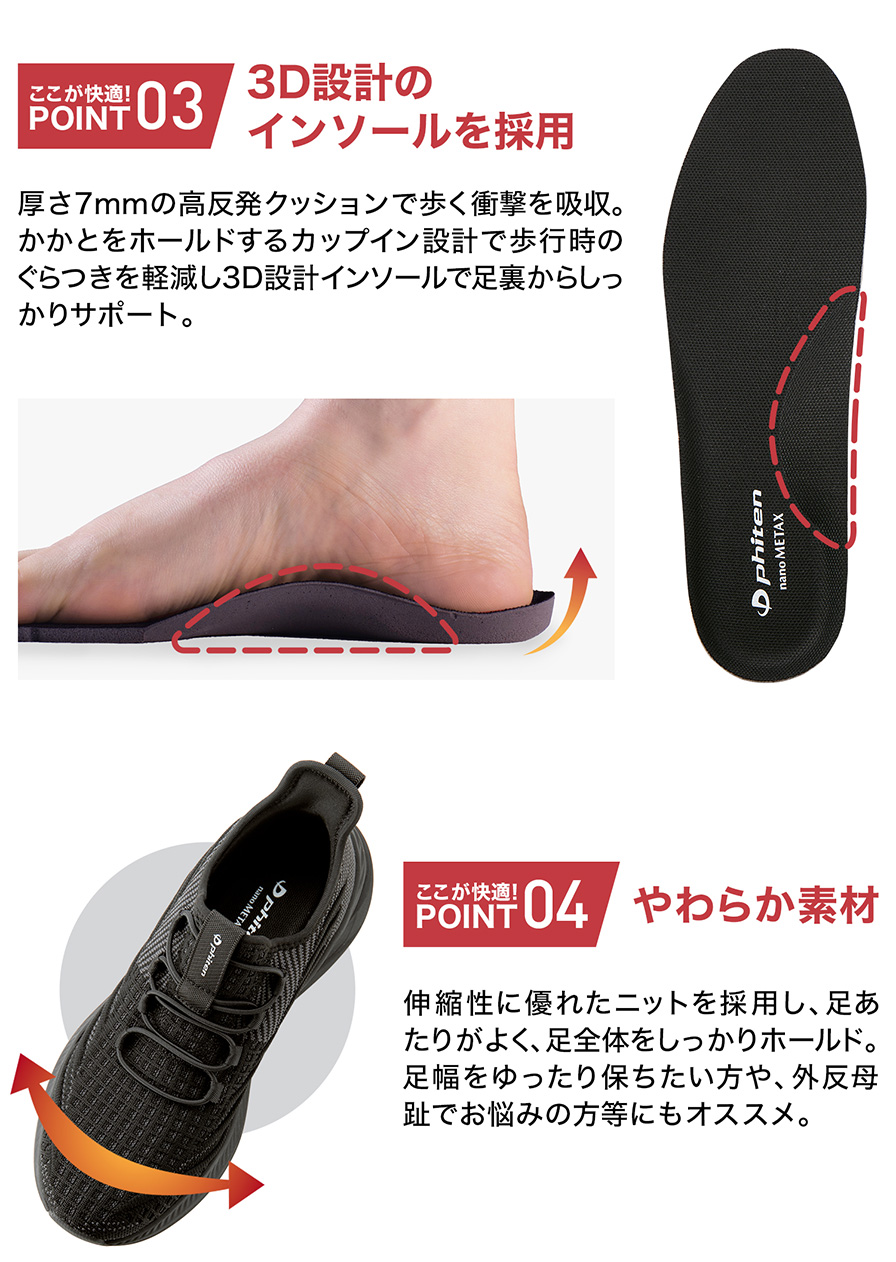 POINT03:3D設計のインソールを採用 POINT04:やわらか素材