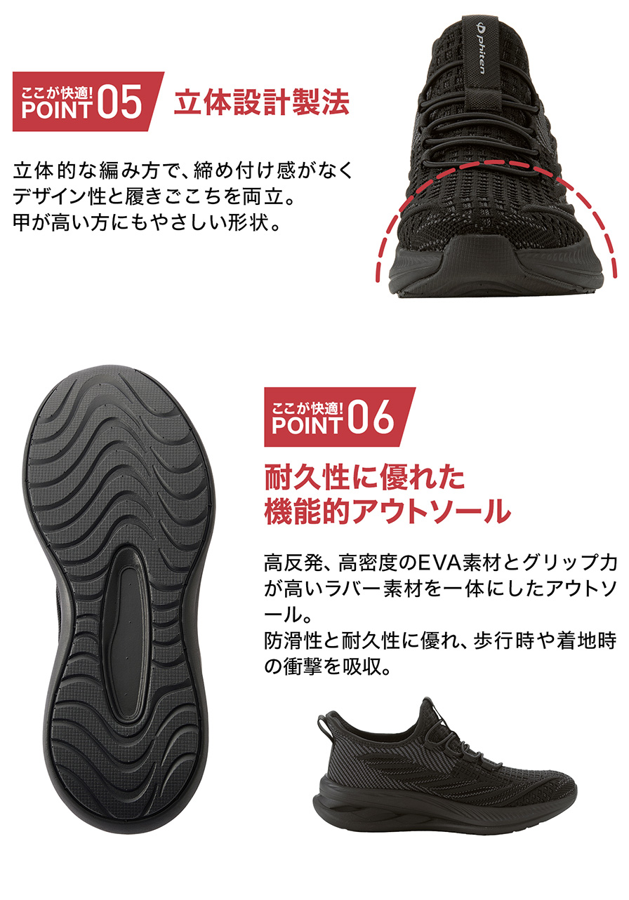 POINT05:立体設計製法 POINT06:耐久性に優れた機能的アウトソール