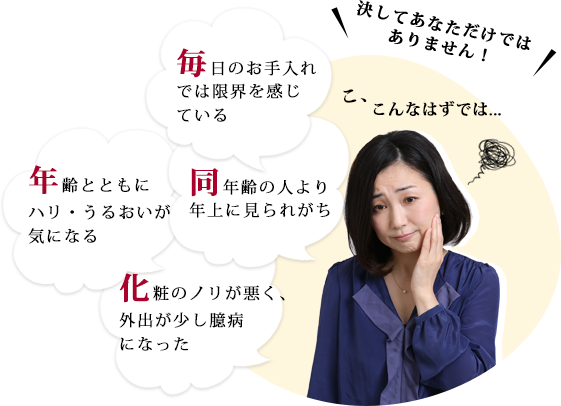 毎日のお手入れでは限界を感じている、年齢とともにハリ・うるおいが気になる、同年齢の人より年上に見られがち、化粧のノリが悪く、外出が少し臆病になった・・・決してあなただけではありません！