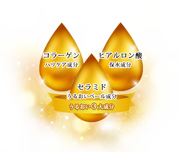 コラーゲンのハリケア成分、ヒアルロン酸の保水成分、セラミドのうるおいベール成分